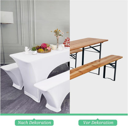 Elastische Biertischhussen Set, weiße Bierbankhusse & Tischdecken, 220x50x70cm, 3er-Pack