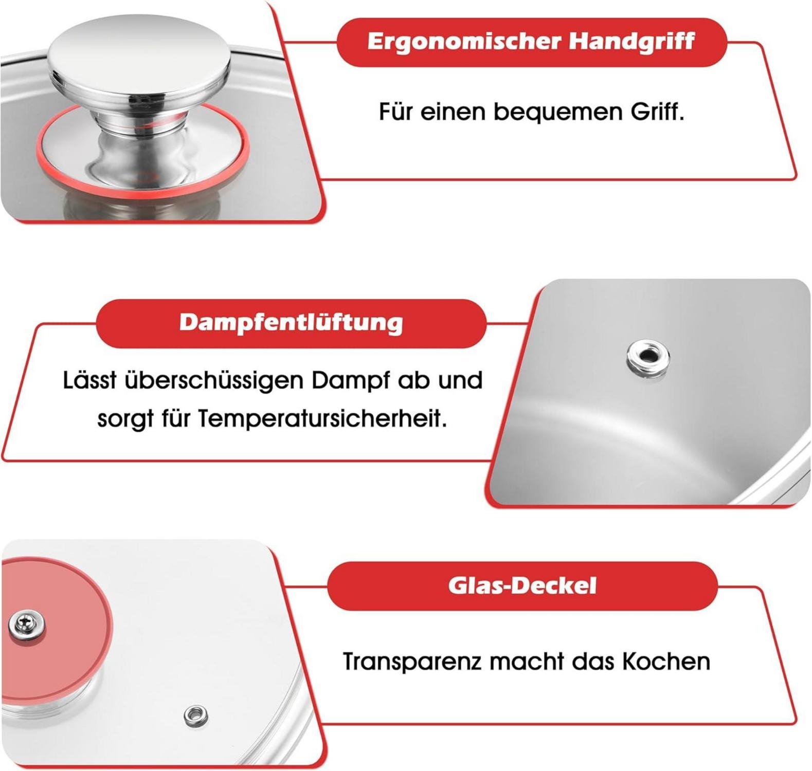 Edelstahl Kochtopf 24cm mit Glasdeckel 5,6L Induktion & Backofenfest