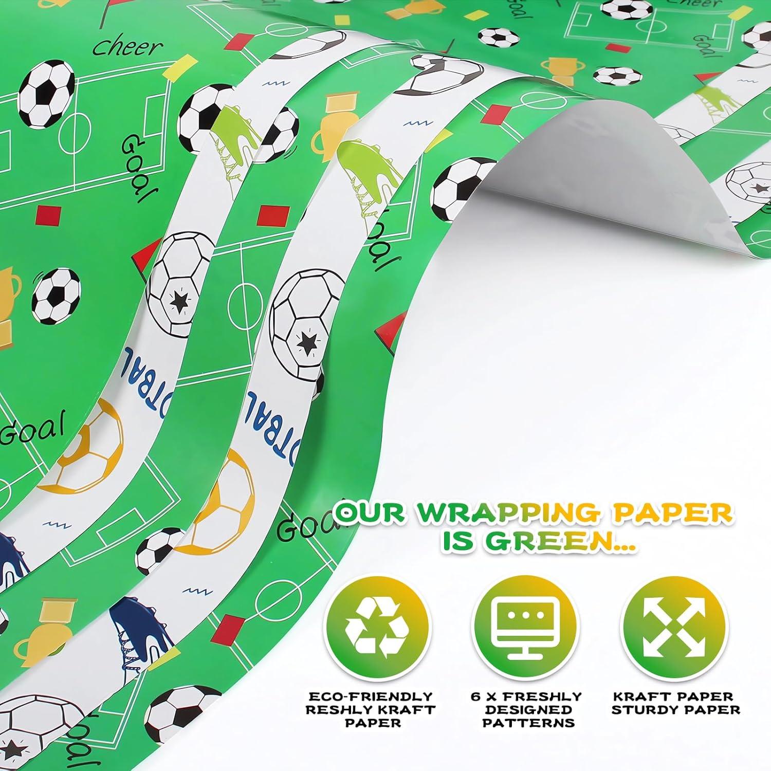 Fußball Geschenkpapier Set für Kinder, Sport Thema, 6 Blatt 50x70 cm, Geburtstag Papier inkl. Anhänger und Bänder