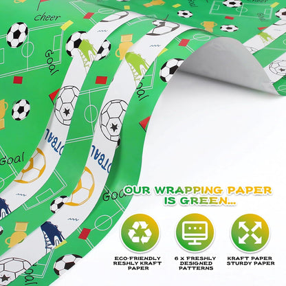 Fußball Geschenkpapier Set für Kinder, Sport Thema, 6 Blatt 50x70 cm, Geburtstag Papier inkl. Anhänger und Bänder