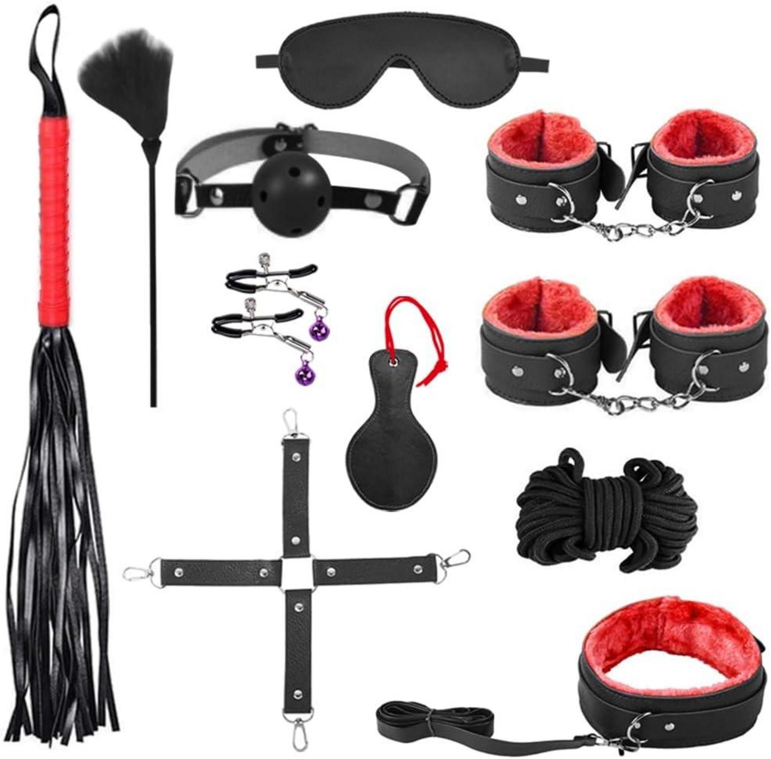 Sex Bondage Set 11-teilig für Paare Schwarz-rot