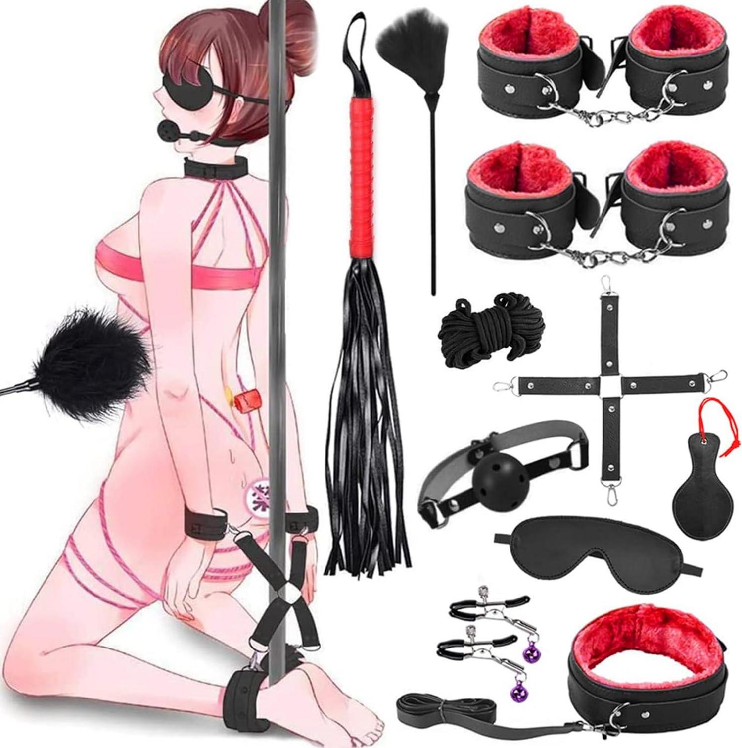 Sex Bondage Set 11-teilig Schwarz Rot Handschellen Augenbinde Mouth