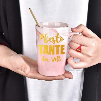 Tante Geschenk Tasse Beste Tante der Welt mit Löffel und Deckel