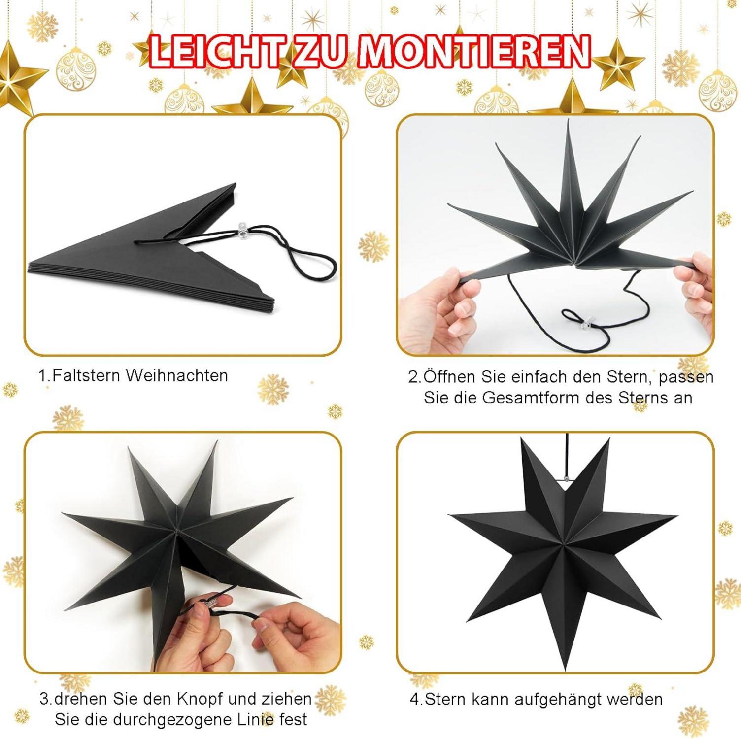 Schwarze Papiersterne Weihnachten 3D Deko Skandinavisch 5er