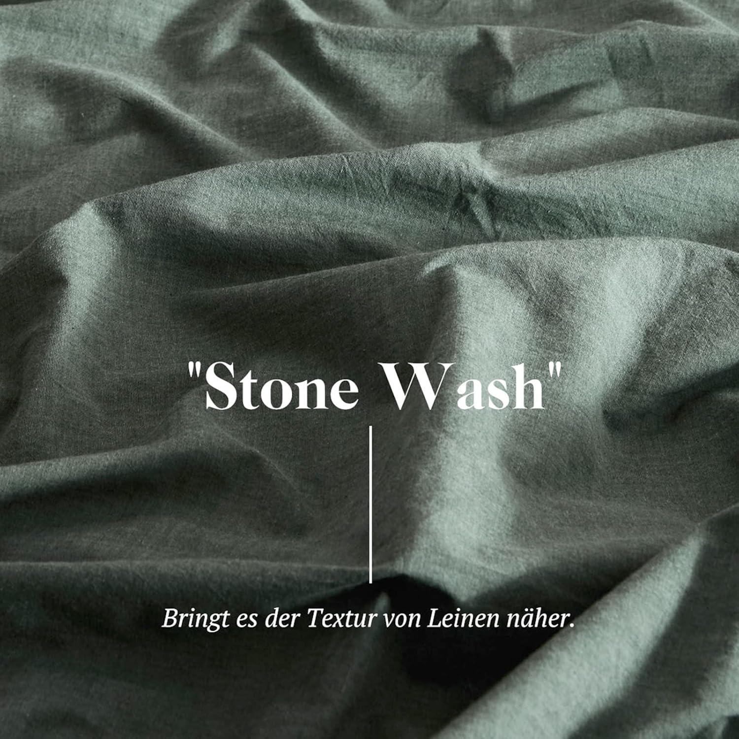 Bettwäsche Set 220x240 Baumwolle Salbei Grün Stone Washed