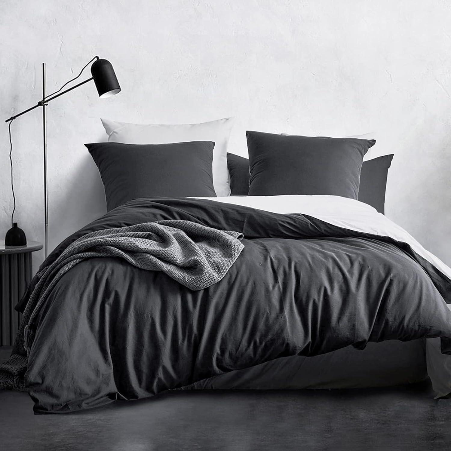 Bettwäsche Set 100% Baumwolle Stone Washed Anthrazit 220x240cm