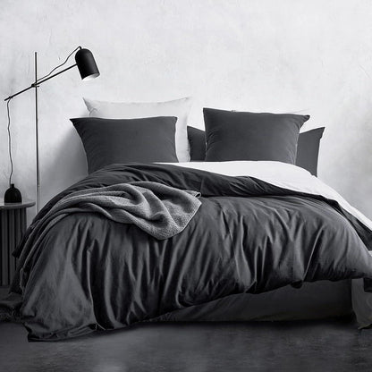 Bettwäsche Set 100% Baumwolle Stone Washed Anthrazit 220x240cm