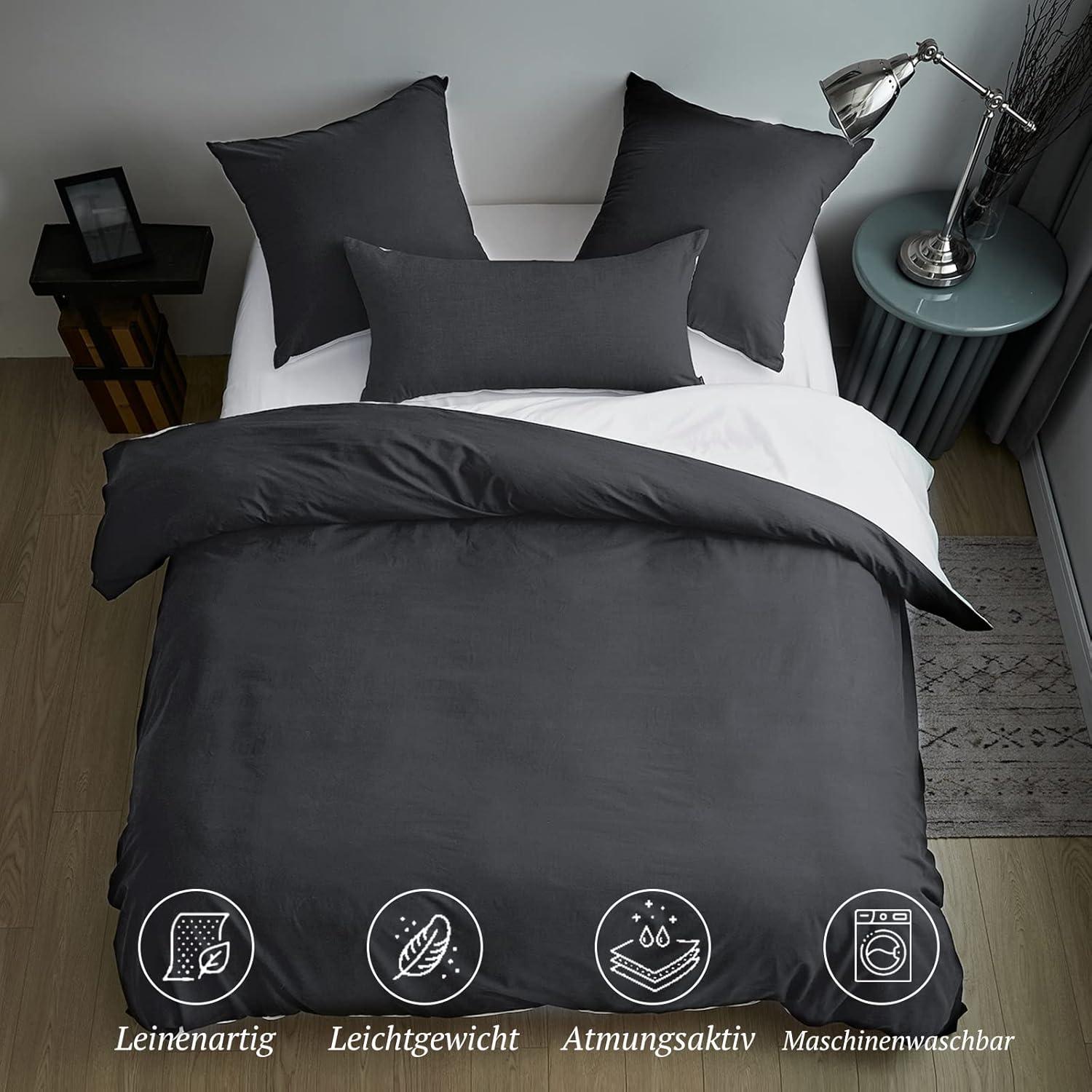 SOULFUL Bettwäsche-Set 220x240 Anthrazit 100% Gewaschene Baumwolle mit Leinenartigem Griff ÖkoTex Zertifiziert