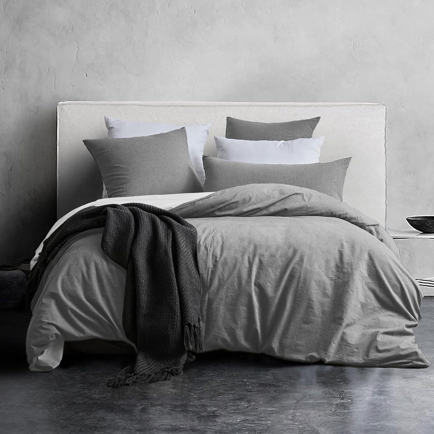 3tlg. Bettwäsche-Set Baumwolle Rauchgrau Stone Washed