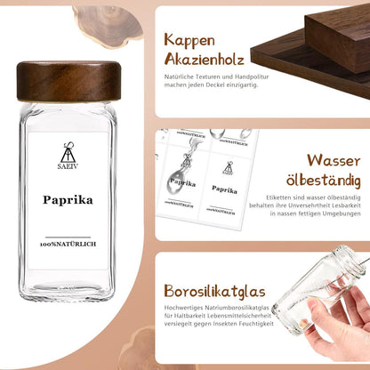 12er Set Gewürzgläser mit Akazienholzdeckel, 120ml