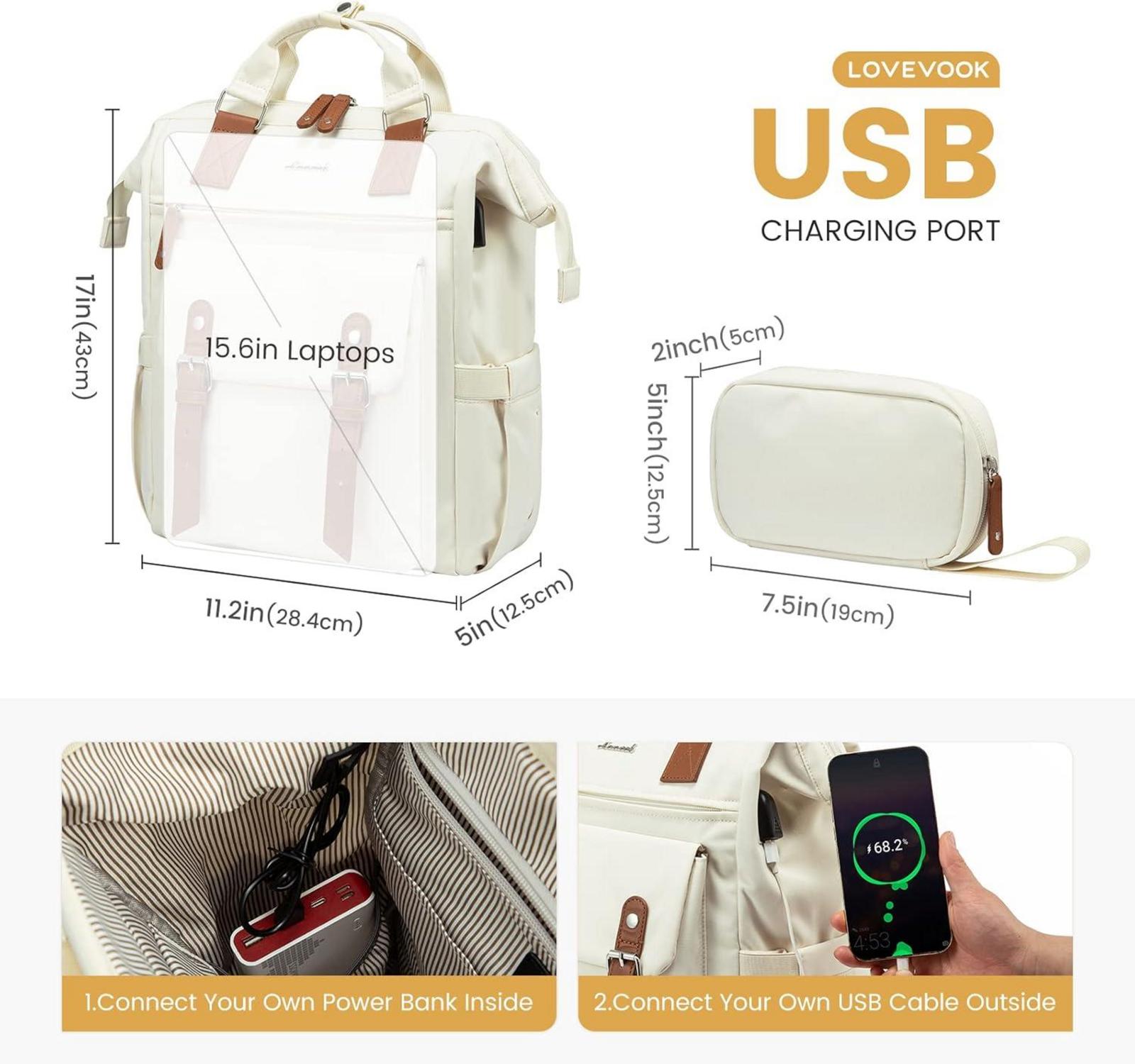 Damen Laptop Rucksack 15,6 Zoll Wasserdicht Beige