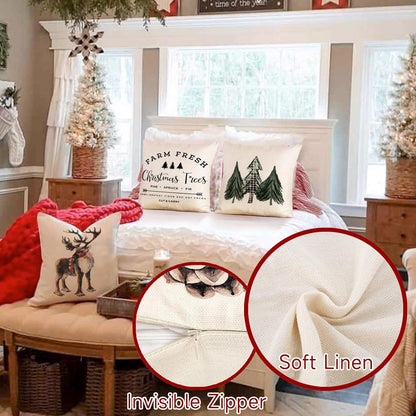 Weihnachten Kissenbezug Set Leinen Deko 45x45cm 4er Sofa Schlafzimmer