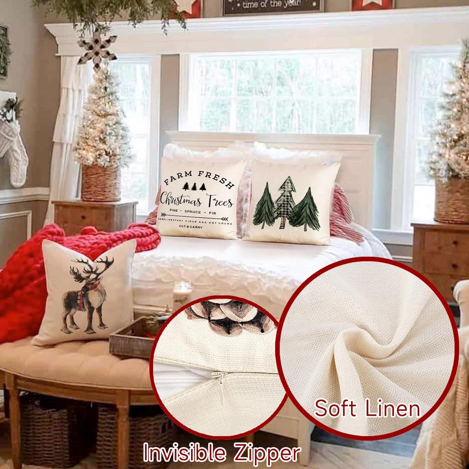 Weihnachten Kissenbezug 40x40 cm 4er Set Leinen Deko Sofa