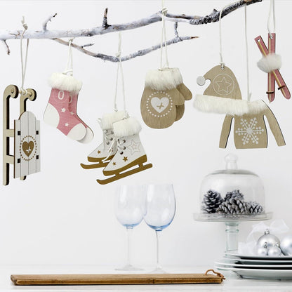 Winter Christbaumschmuck Ski Holz Set 6er in Natur Rosa
