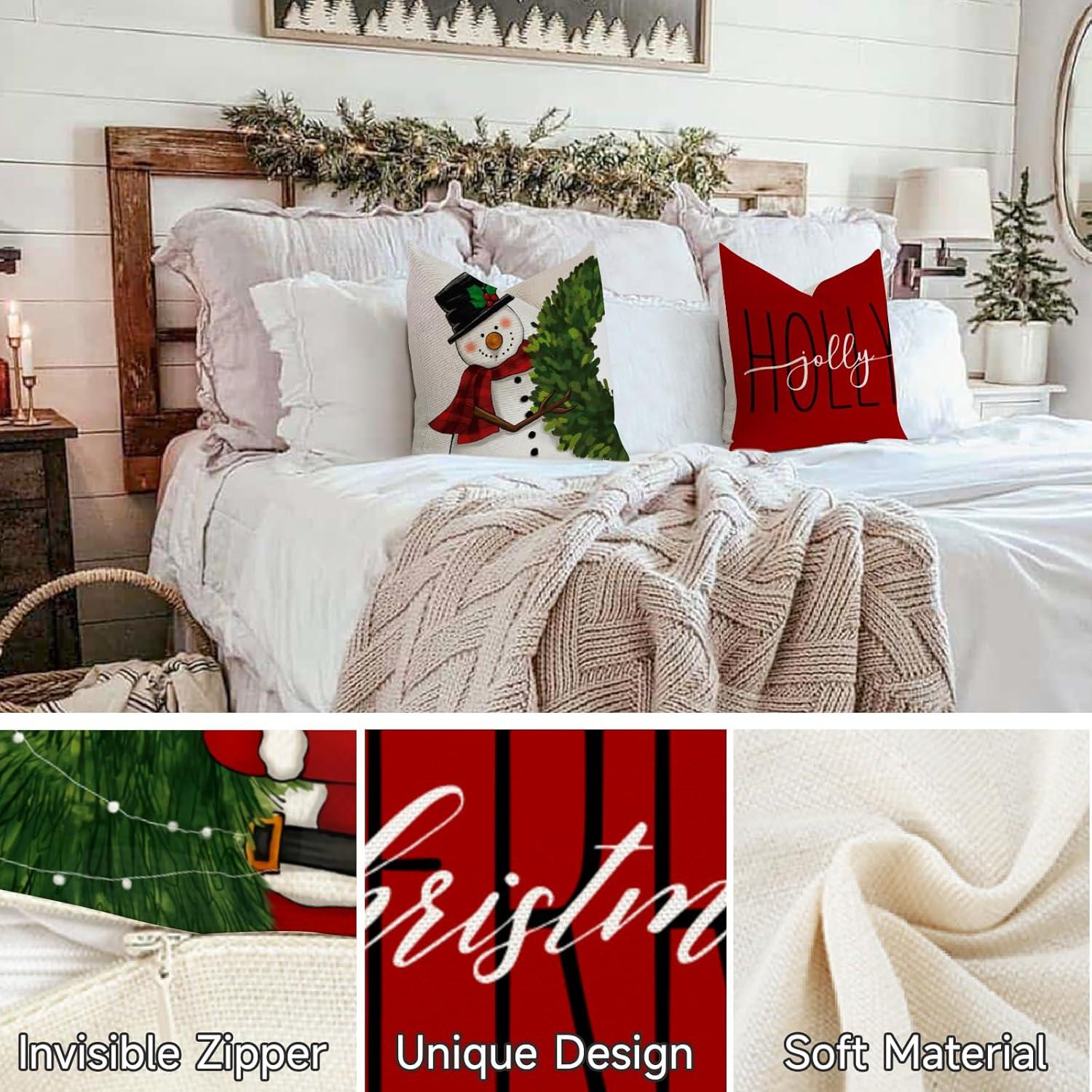 4er Set Weihnachten Kissenbezug 40x40 Leinen Dekokissen für Sofa Schlafzimmer