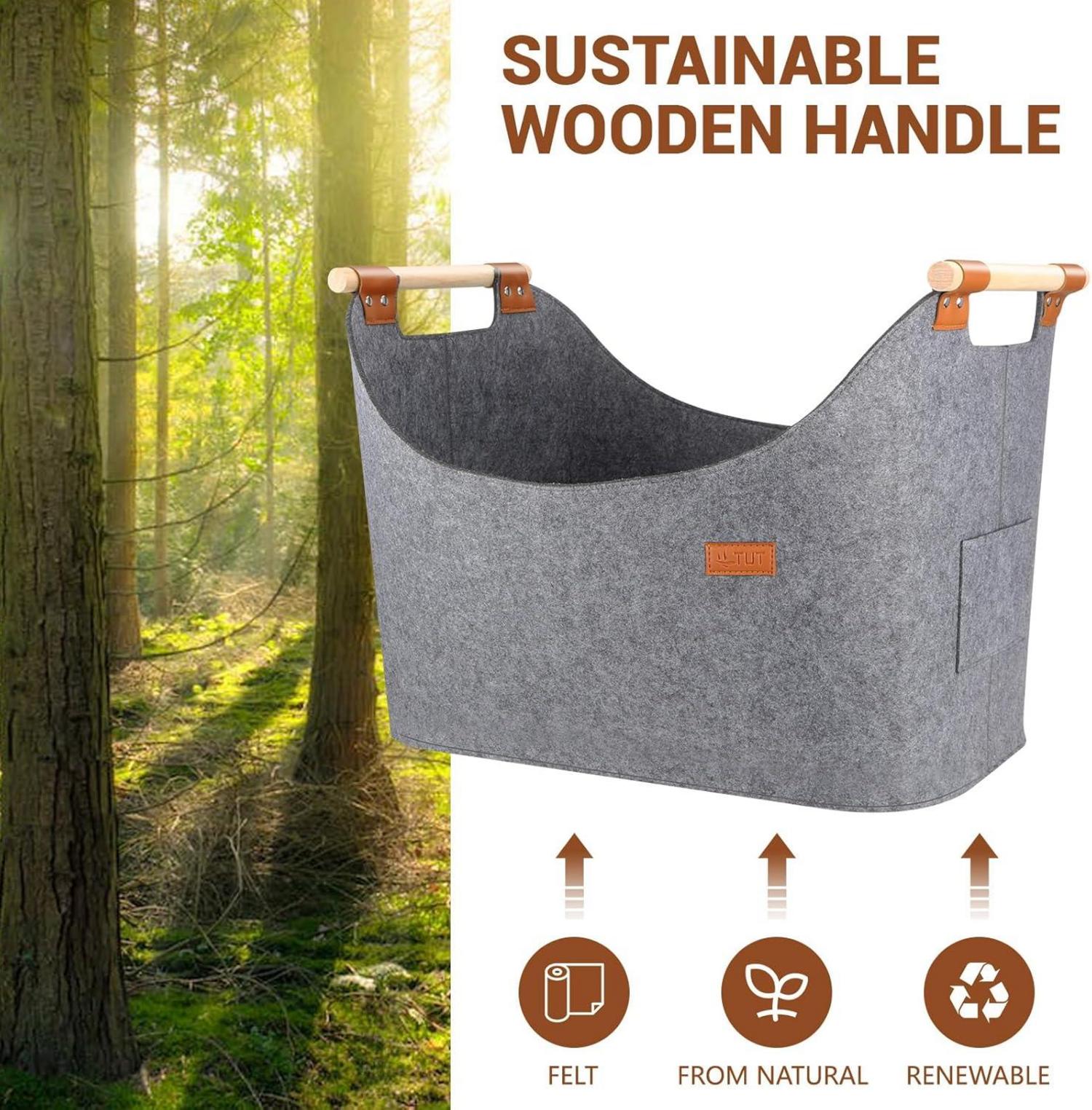 XXL Filz Holzkorb Kaminholz 50x40x30cm Grau Faltbar Stabil