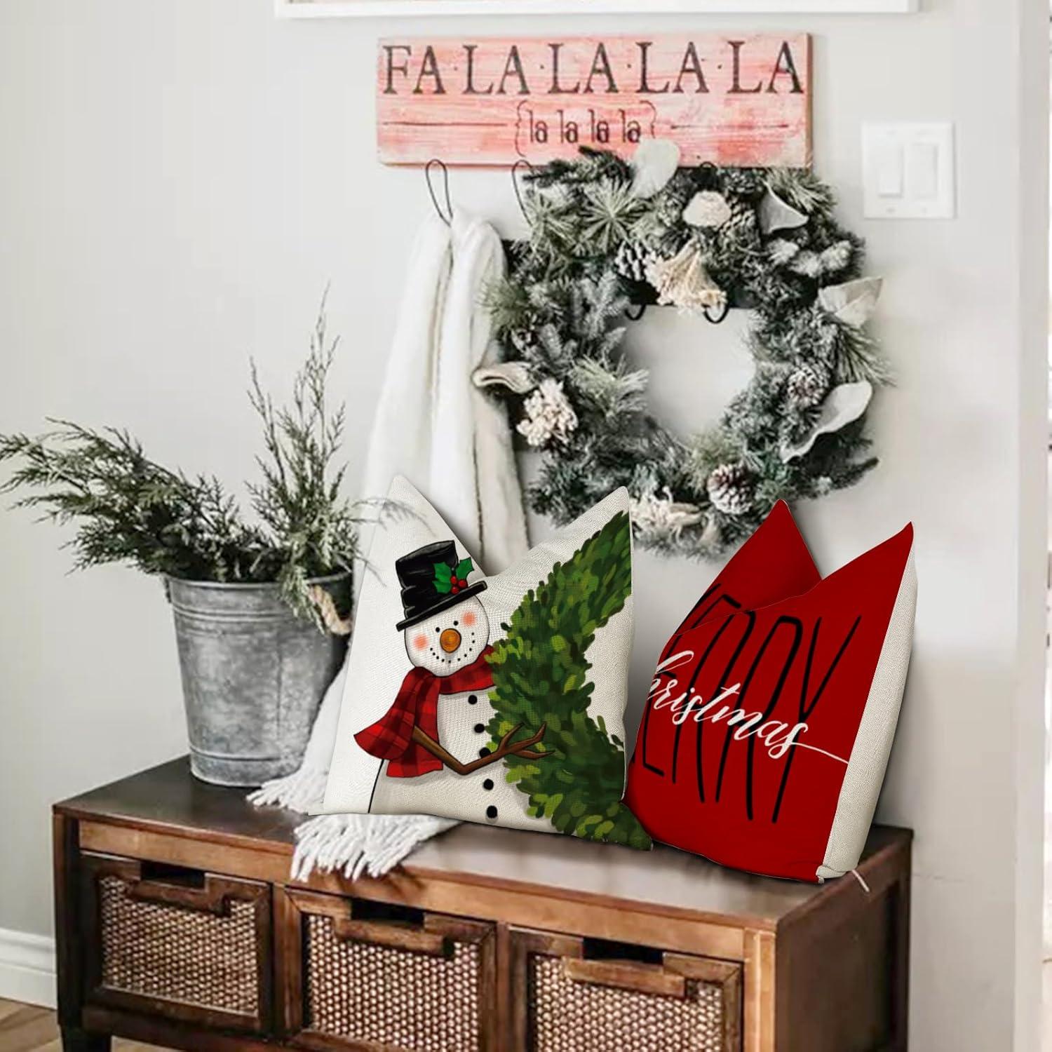 Weihnachten Kissenbezüge Set Leinen Dekokissen 45x45cm 4er-Pack