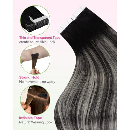 Tape-In Haarverlängerung Ombre Schwarz Silber 55cm Echthaar
