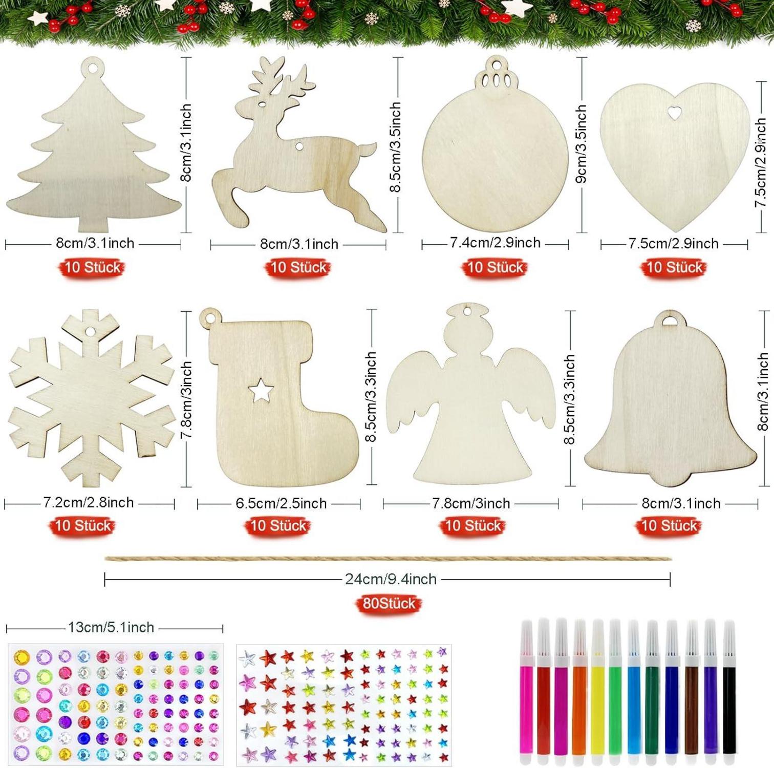 80 Holz-Weihnachtsanhänger Bastelset DIY Weihnachtsbaumschmuck