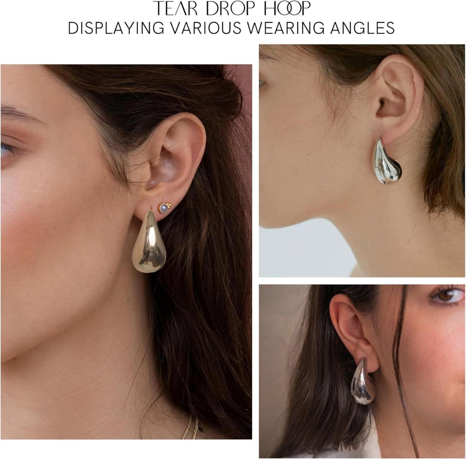 EXGOX 18K Chunky Goldene Ohrringe Damen Hypoallergene Vergoldete Ohrringe Waterdrops Hollow 30mm Silver