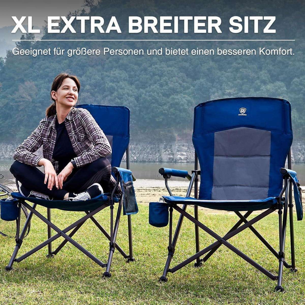 XL Campingstuhl faltbar 230kg belastbar mit Getränkehalter Blau
