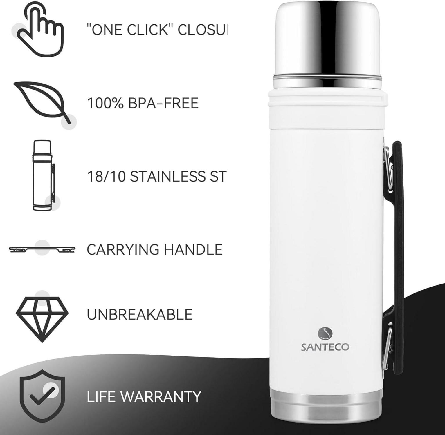 Thermoskanne 1L Edelstahl Isolierflasche Unterwegs Trinkbecher BPA Frei warm kalt Schraubverschluss