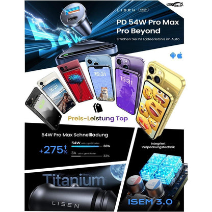 LISEN 54W Zigarettenanzünder USB C Adapter PD&QC3.0 Auto