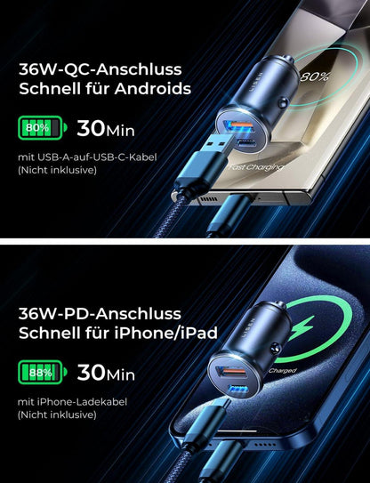Zigarettenanzünder USB C Adapter 54W 12V PD&QC3.0 Auto Ladegerät Schwarz