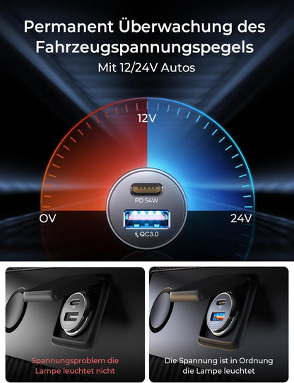 Zigarettenanzünder USB C Adapter 54W 12V PD&QC3.0 Auto Ladegerät Schwarz