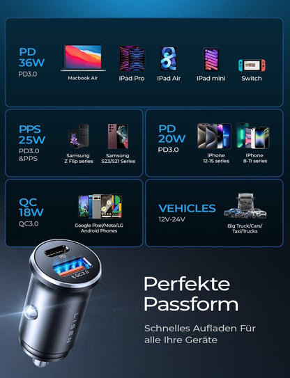 LISEN 54W Zigarettenanzünder USB C Auto Adapter PD&QC3.0 Schwarz