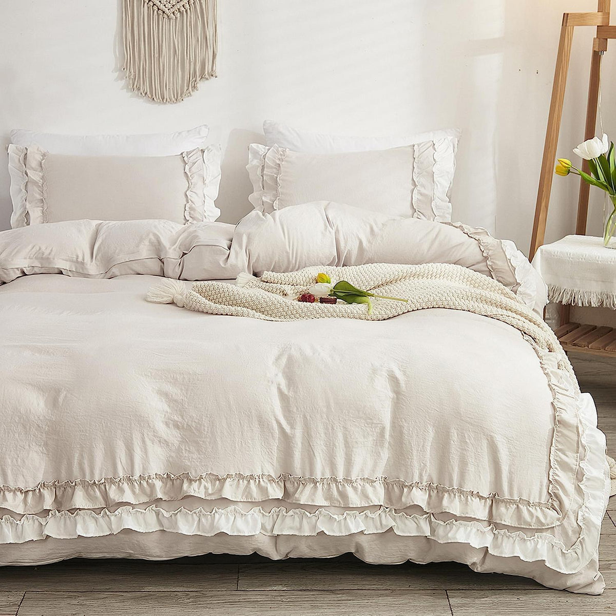 Bettwäsche-Set 200x220 cm, Rüschenoptik, Beige, 3-teilig