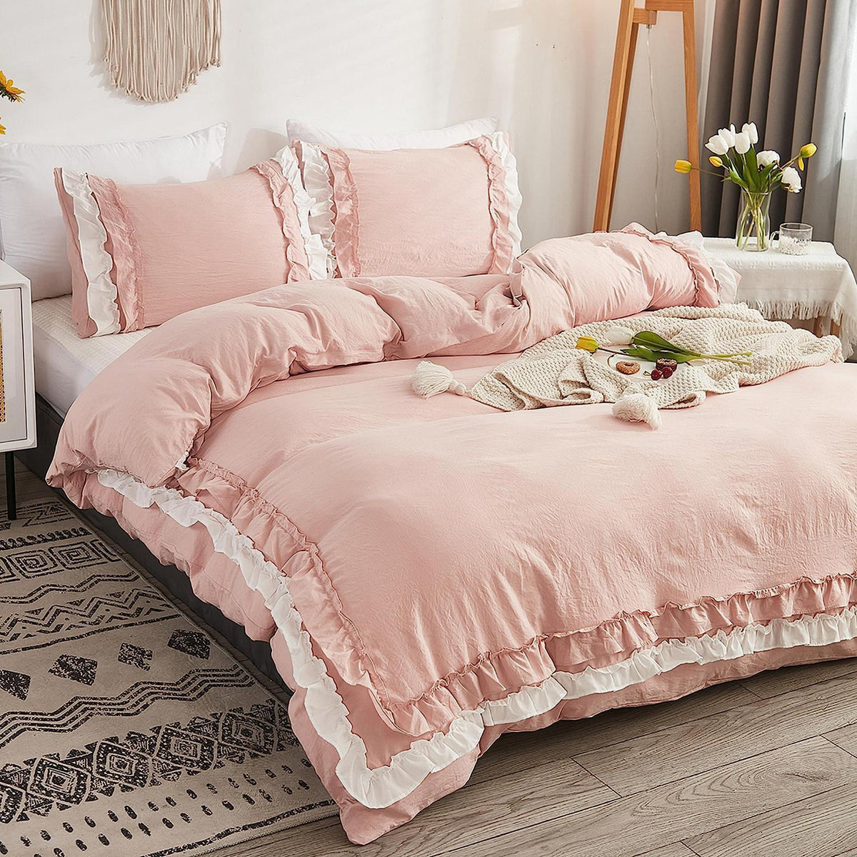Weiches Rüschen Bettwäsche Set Rosa Weiß 155x220 + 80x80 cm