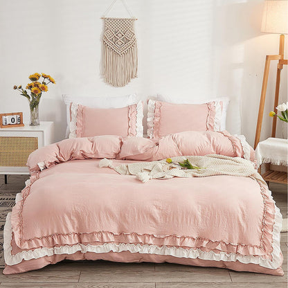 Weiches Rüschen Bettwäsche Set Rosa Weiß 155x220 + 80x80 cm