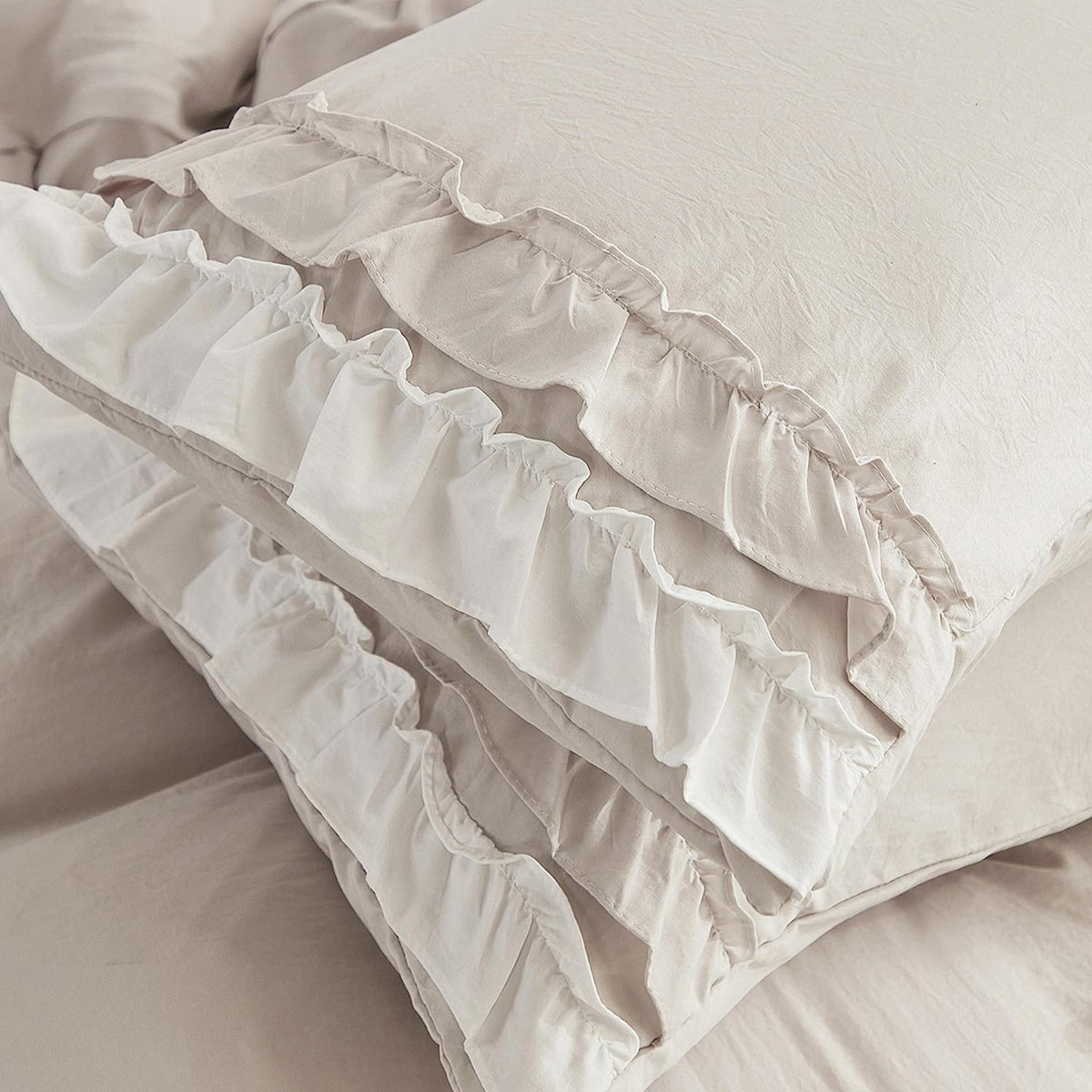 Luxus Rüschen Bettwäsche 220x240 - 3tlg. Weiß Beige Mikrofaser