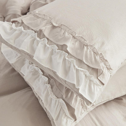 Luxus Rüschen Bettwäsche 220x240 - 3tlg. Weiß Beige Mikrofaser