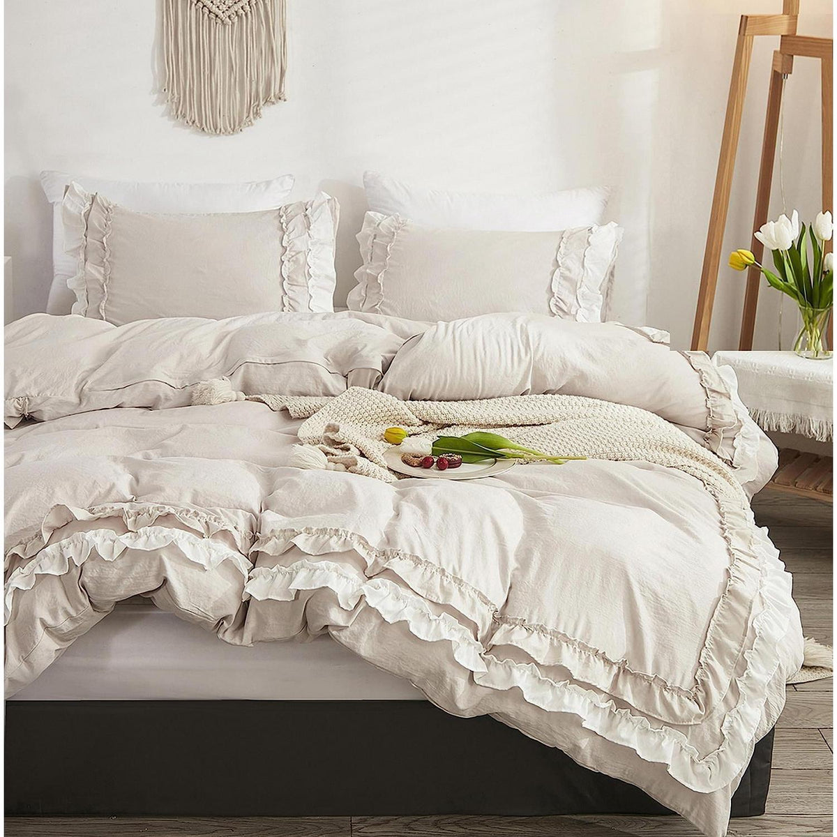 Bettwäsche-Set 135x200 Rüschen Mikrofaser 4-teilig Beige