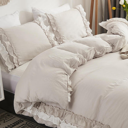 Romantische Rüschen Bettwäsche 135x200 Beige Mikrofaser Bettbezug Set
