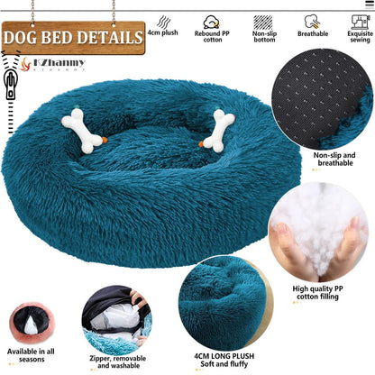 Rundes Hundebett Flauschig Donut – Bequemes Hundesofa 90cm/Cyan