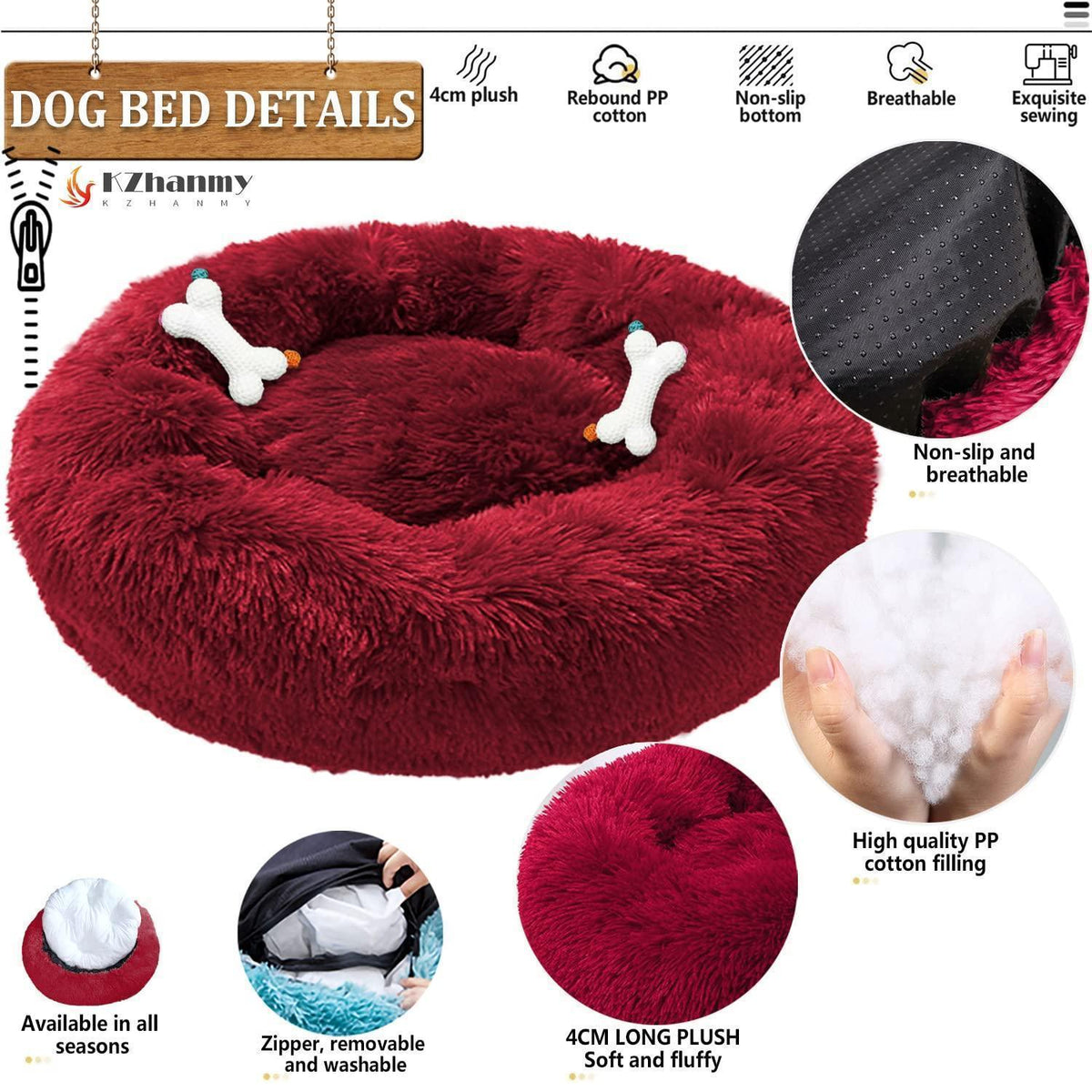 Rundes Hundebett Flauschig Donut – Bequemes Hundesofa in Weinrot 4XL
