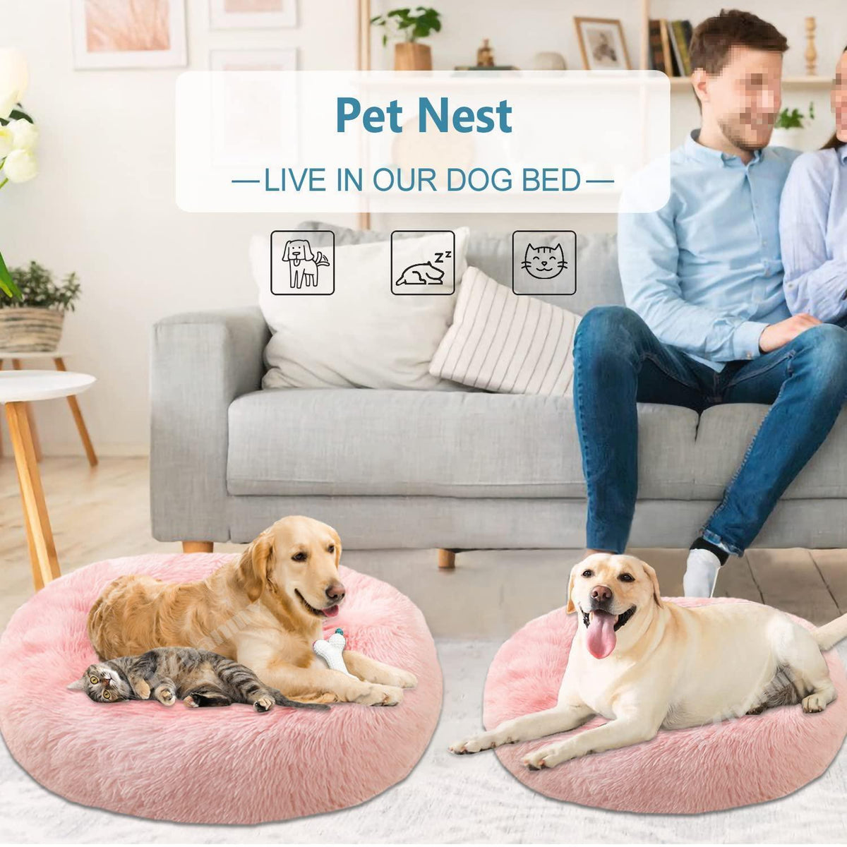 Rundes Hundebett Flauschig Donut – Bequemes Hundesofa in Rosa 90cm