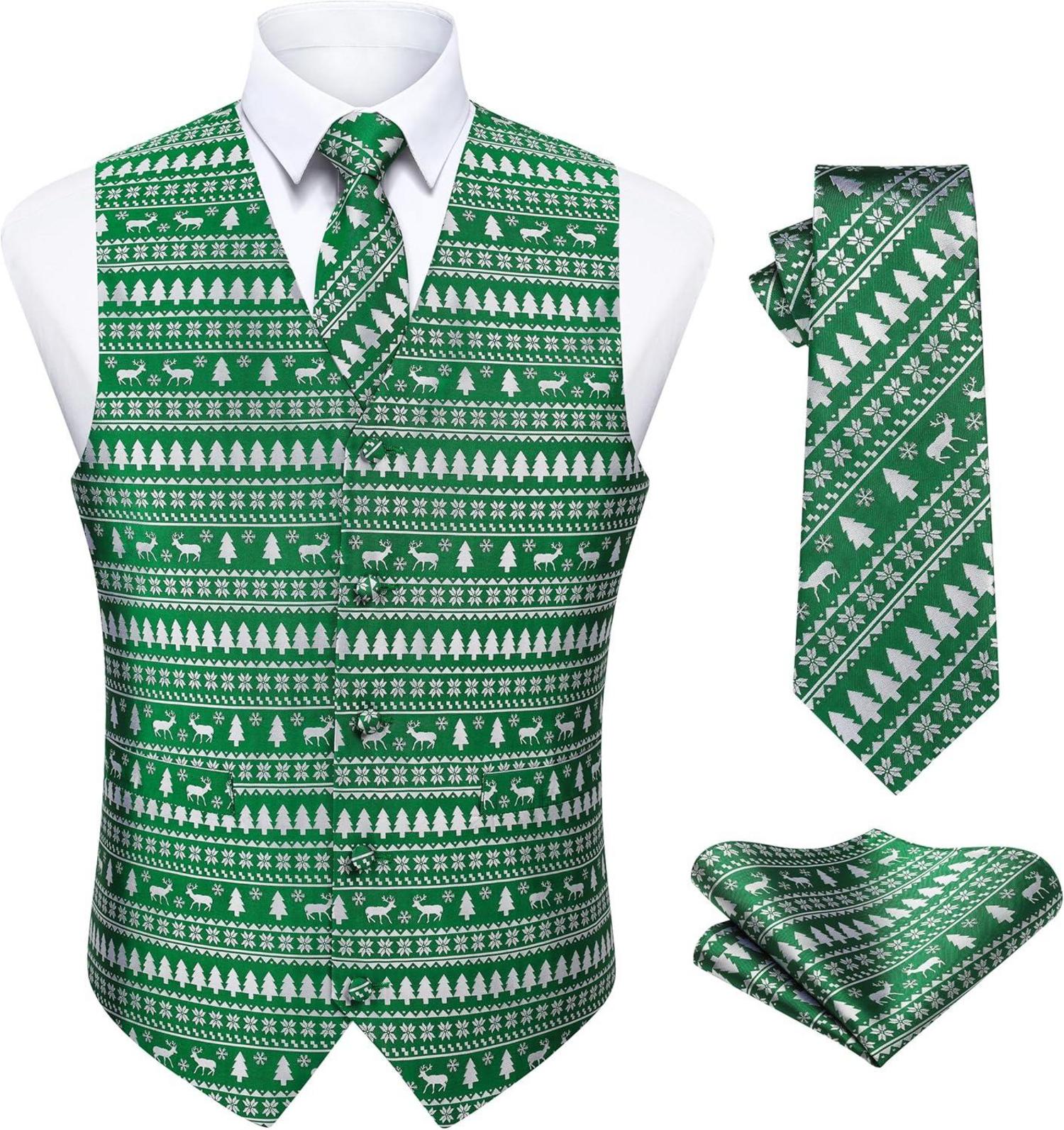 Weihnachtsmuster Herren V-Ausschnitt Santa Weste Set XS-4XL Grün-L