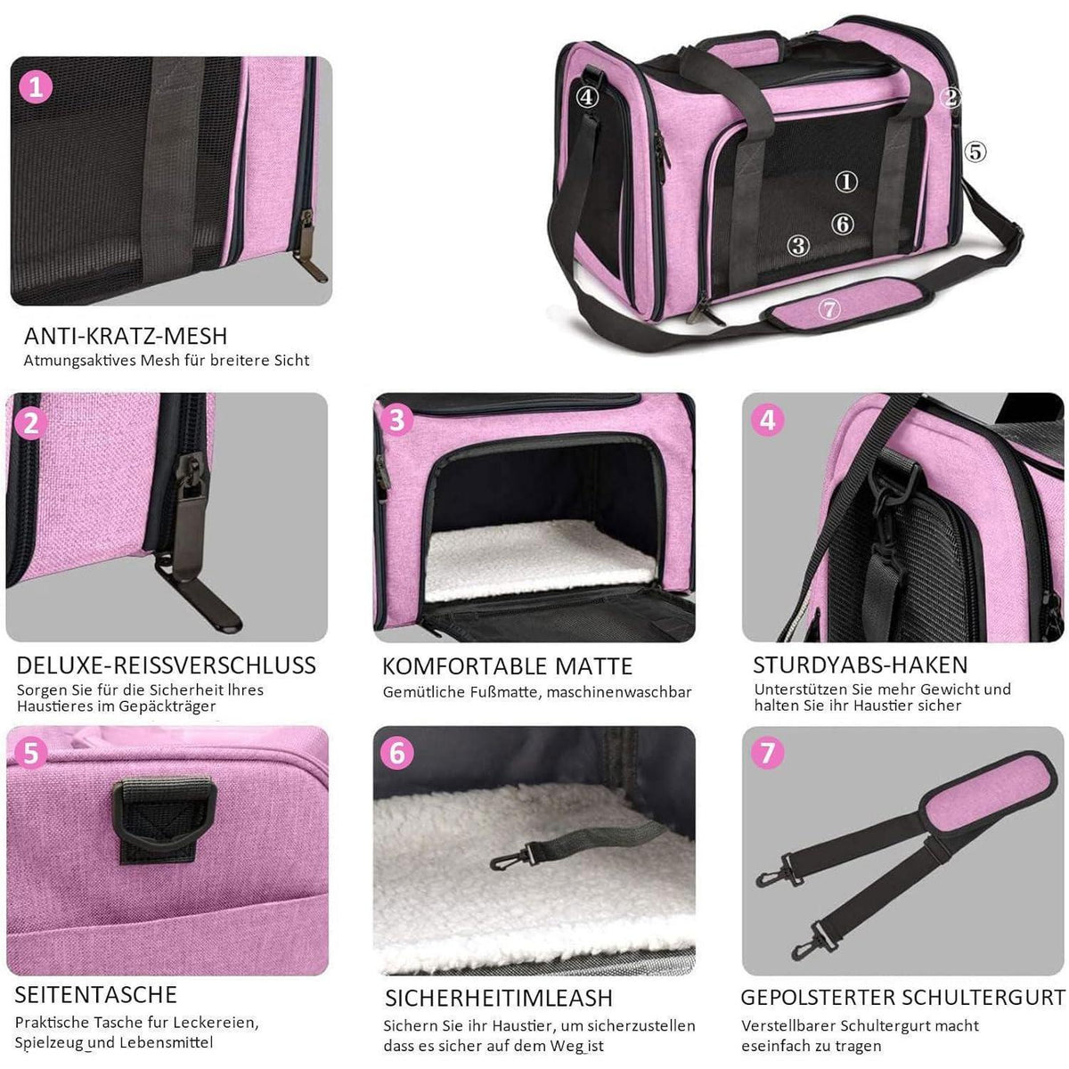 Faltbare Katzentransportbox L – Rosa, 50x34x34cm, 8kg