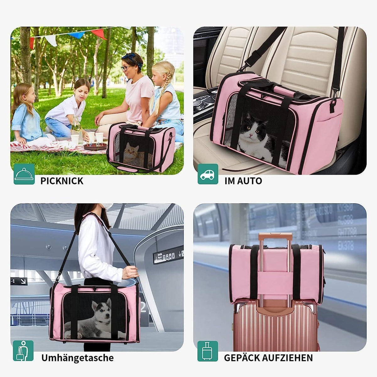 Faltbare Katzentransportbox L – Rosa, 50x34x34cm, 8kg