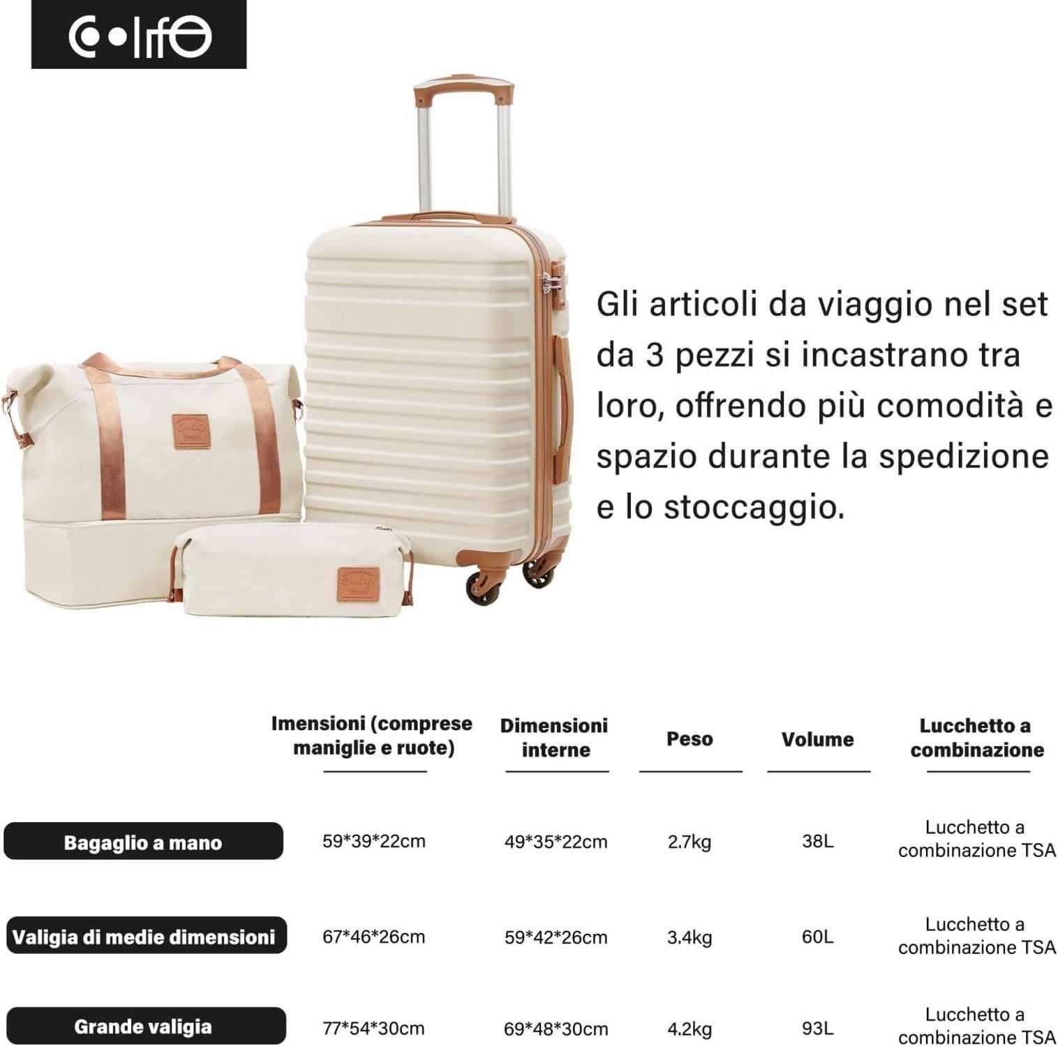 COOLIFE Koffer Trolley Set ABS Hartschale 4 Rollen TSA 3tlg Grün/Braun