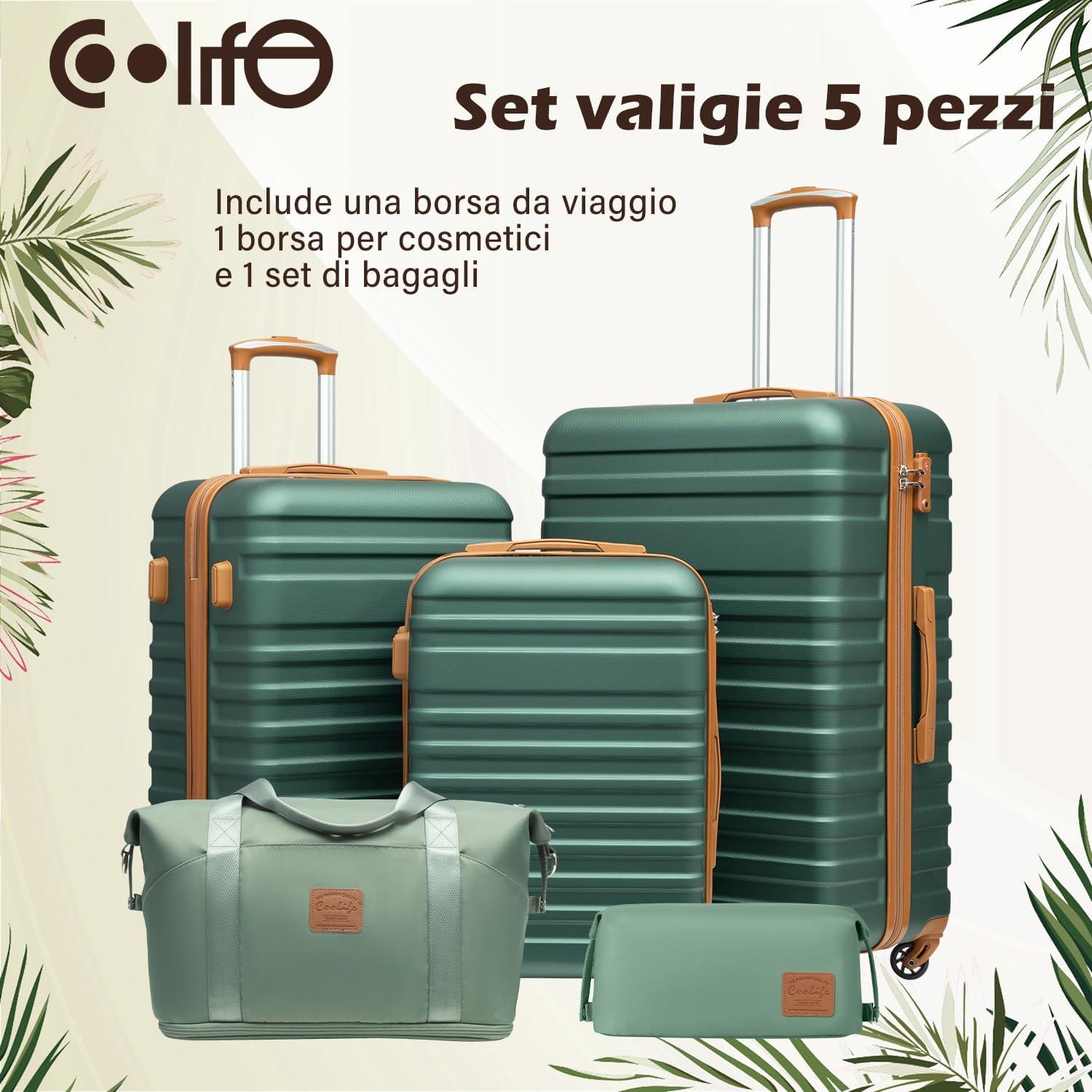 COOLIFE Hartschalen Koffer Set 5tlg Dunkelgrün/Braun ABS 4