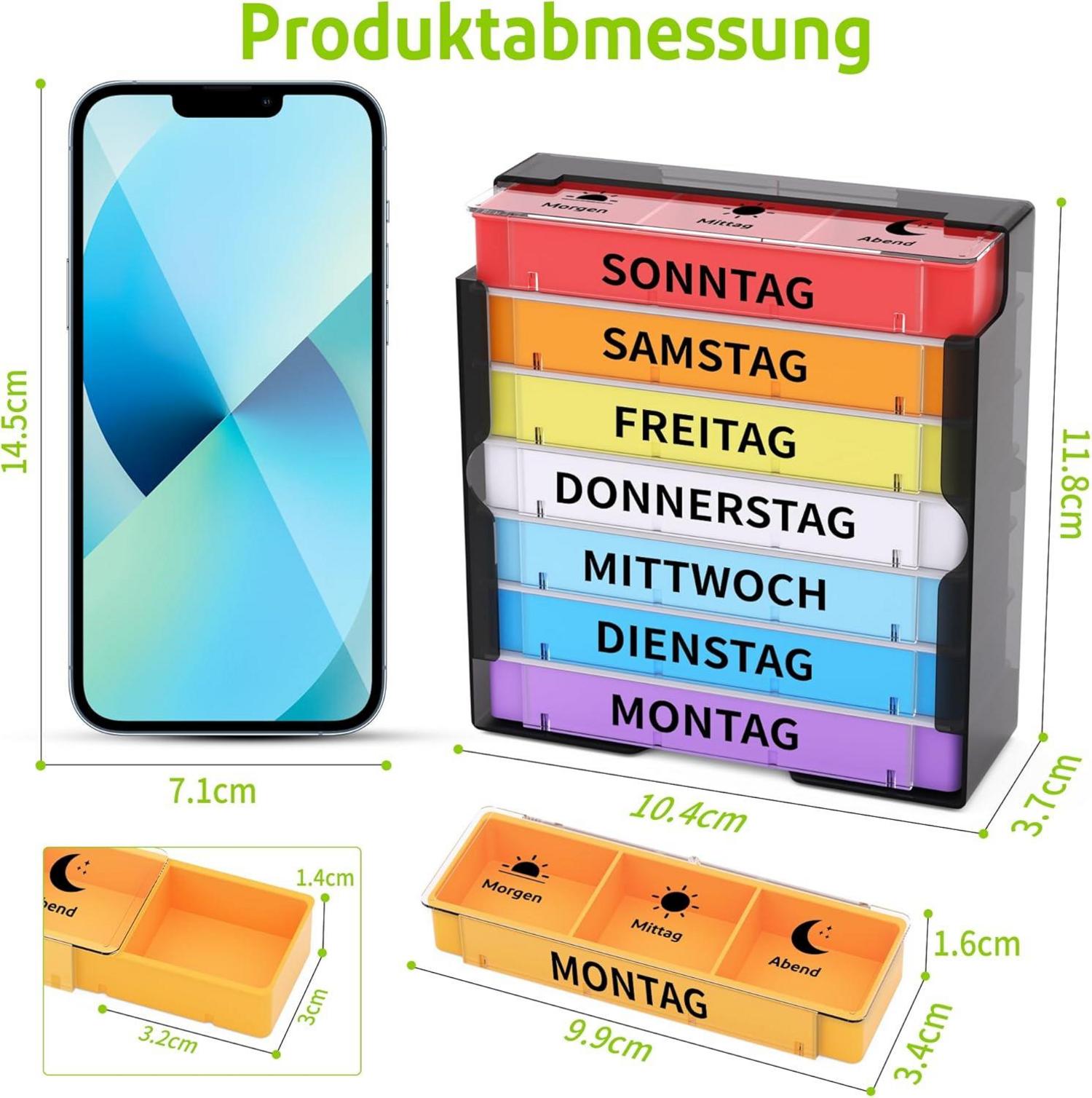 Tablettenbox 7 Tage, Medikamentenbox Pillendose 3 Fächer, BPA-frei