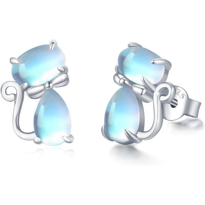 925 Sterling Silber Ohrringe mit Mondstein und Katzenmotiv