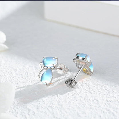 925 Sterling Silber Ohrringe mit Mondstein und Katzenmotiv