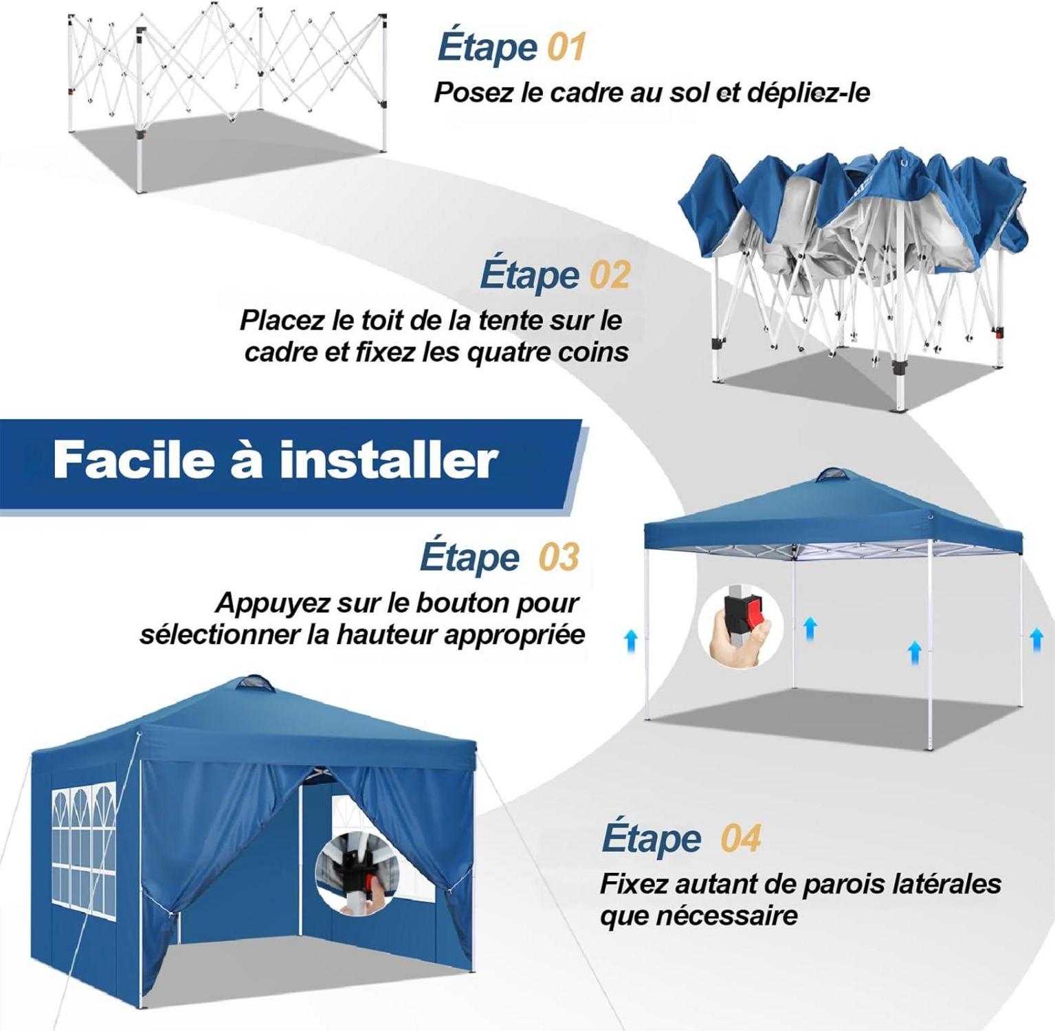 COBIZI Pavillon 3x3 UV-Schutz 50+ Wasserdicht Stabil mit 4 Seitenteilen Sandsäcke Blau