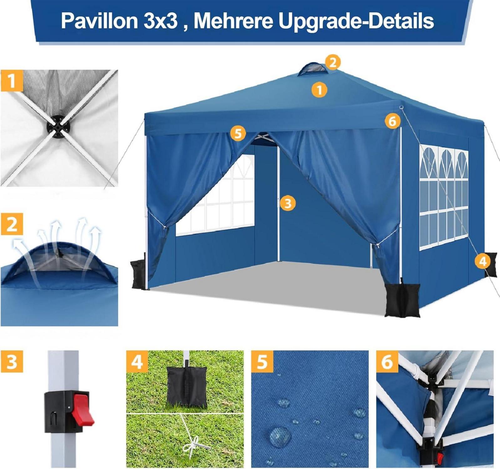 Pavillon 3x3 UV-Schutz 50+ Faltpavillon Wasserdicht & Stabil mit 4